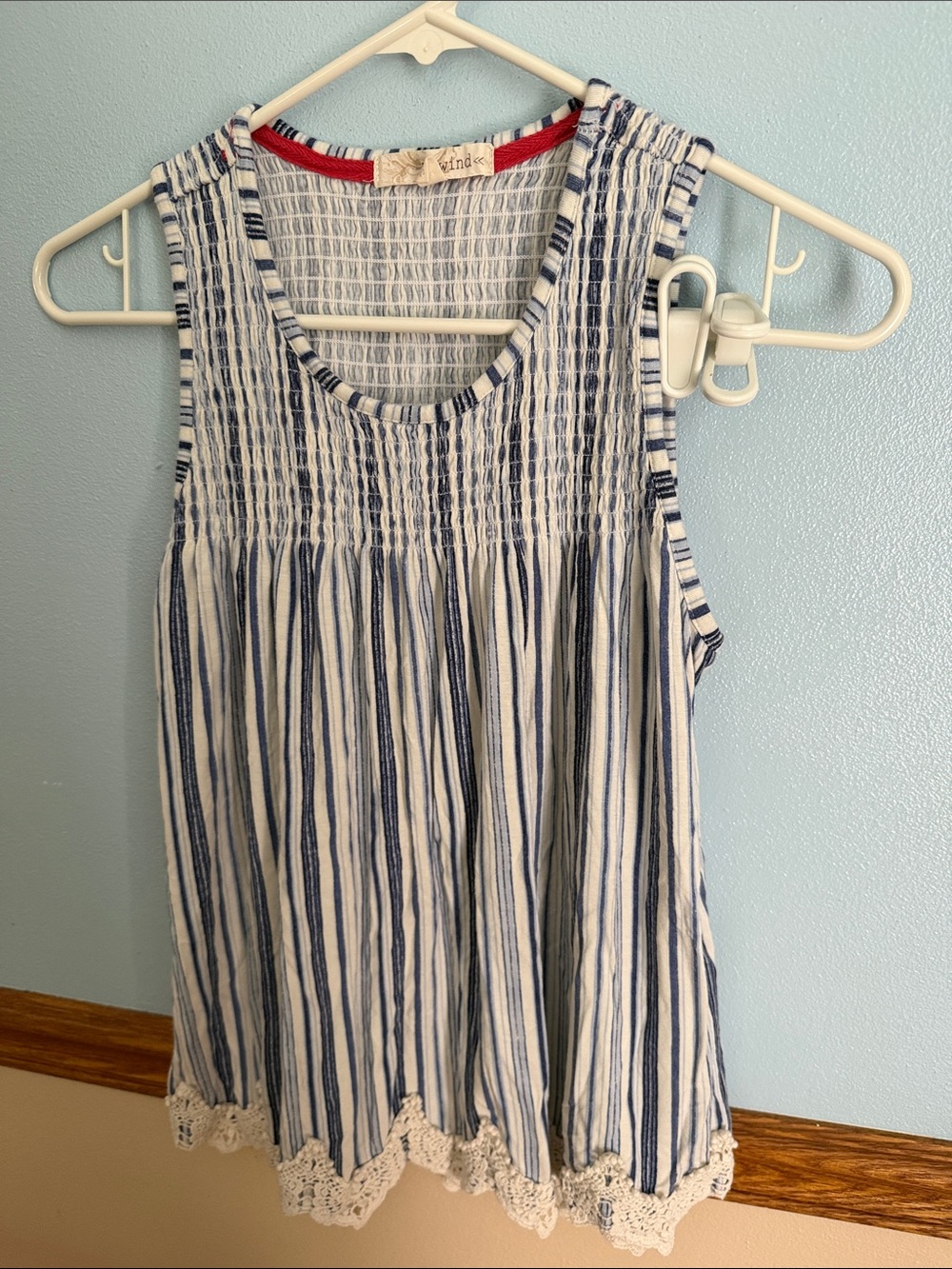 Rewind Blue and White Striped Sleeveless Tank with Crochet Hem